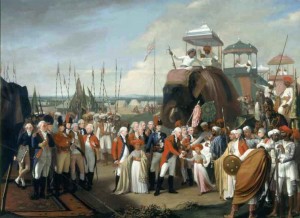 Lieutenant General Lord Cornwallis receiving Tipoo Sultan’s sons as hostages. Painting by Robert Home 1793