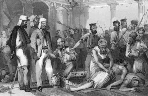 "The engraving depicts the 'Times' correspondent looking on at the sacking of the Kaiser Bagh, after the capture of Lucknow on March 15, 1858. "'Is this string of little white stones (pearls) worth anything, Gentlemen?' asks the plunderer."