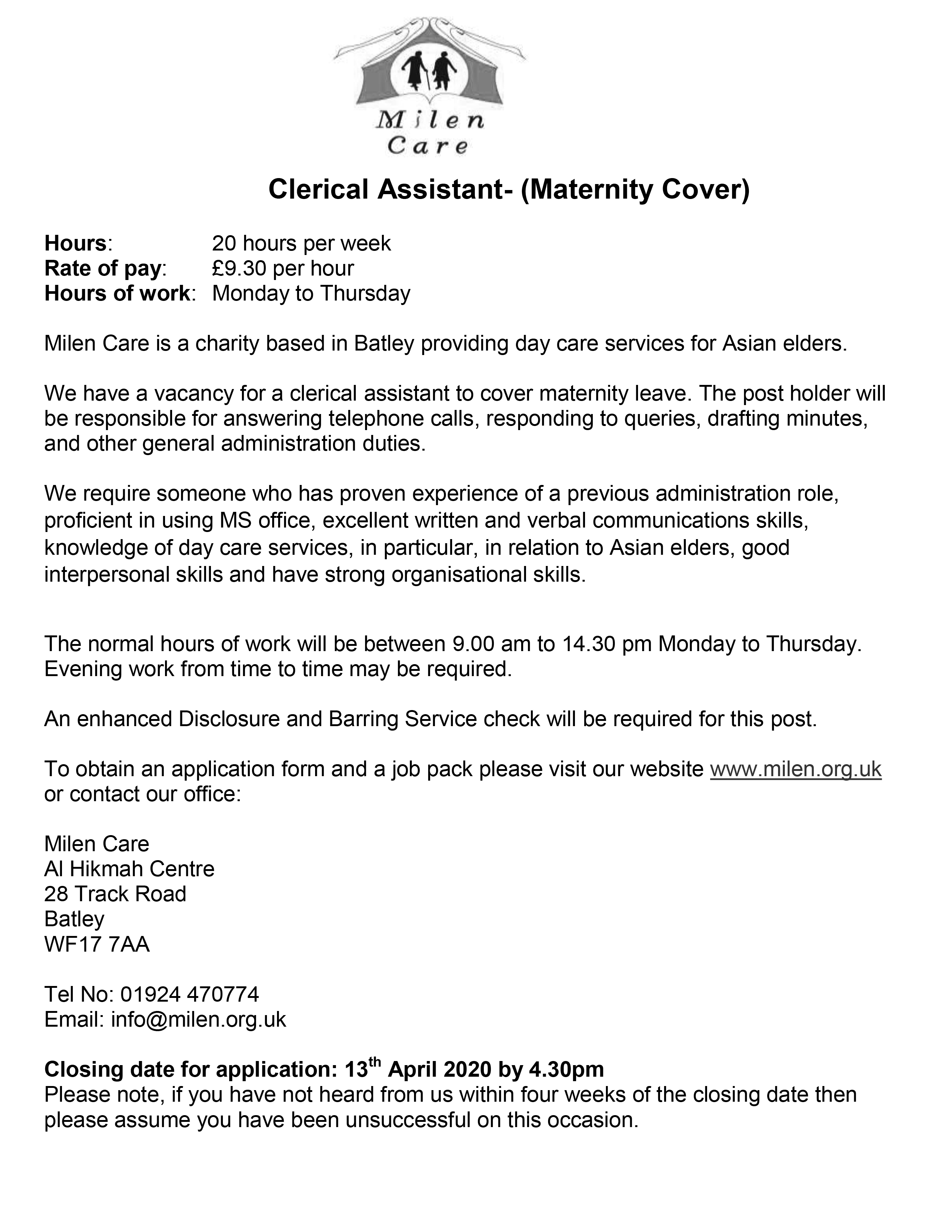 Milen Care Clerical Assistant- (Maternity Cover)