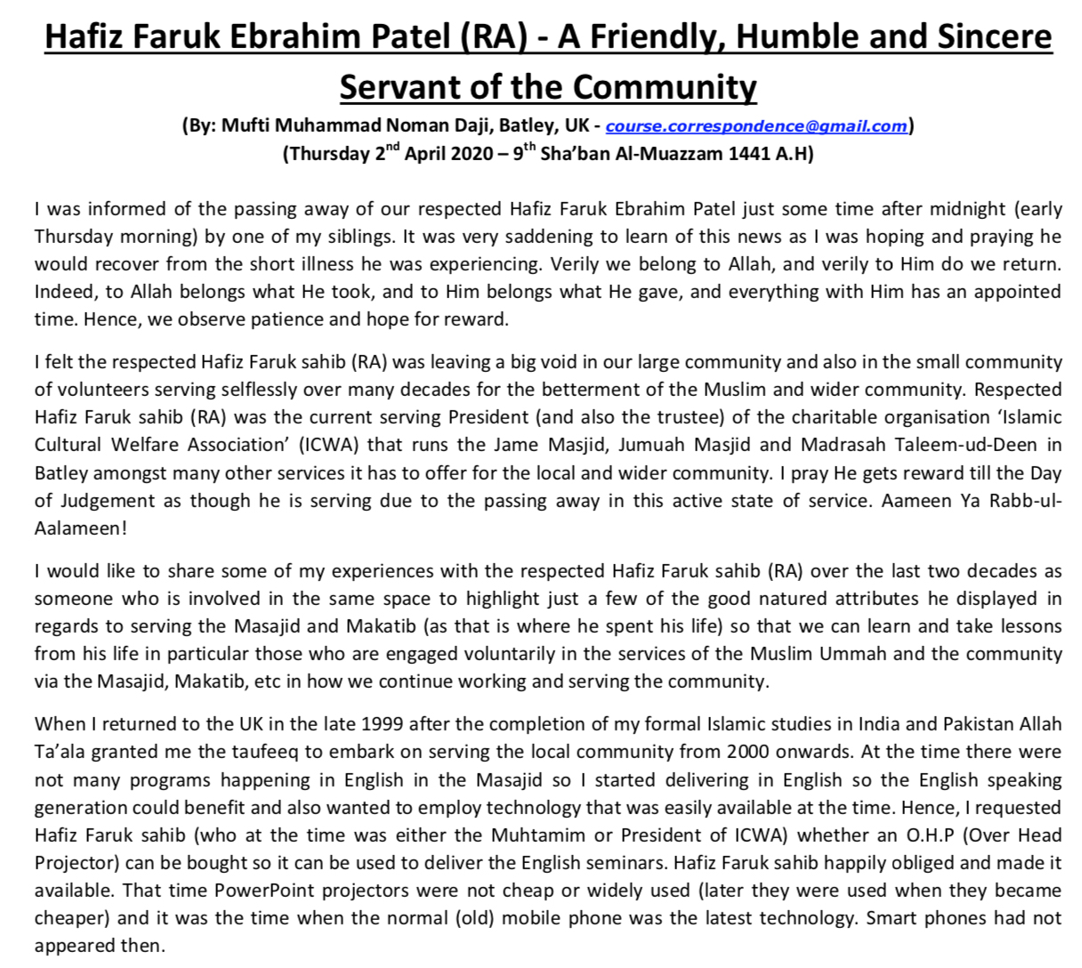 Hafiz Faruk Ebrahim Patel (RA) – A Friendly, Humble and Sincere Servant of the Community